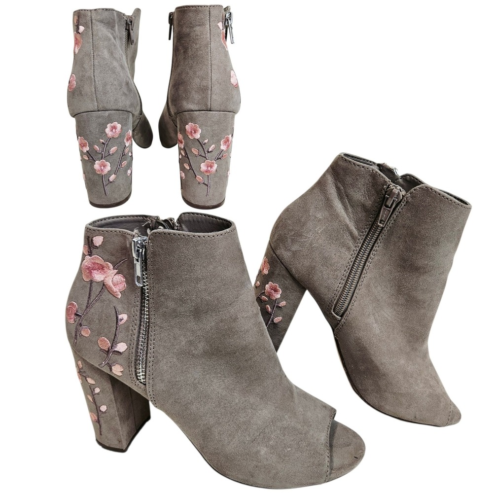 Candie's Taupe Floral Embroidered Peep Toe Ankle Boots 7.5 Boho Cottagecore